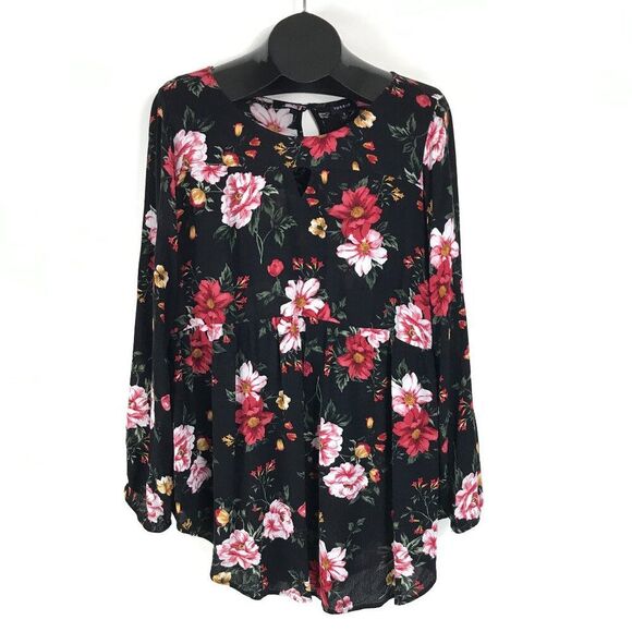 Torrid Babydoll Gauze Keyhole Front Tunic Top Women's Plus 3/3X Black Floral - Picture 1 of 13